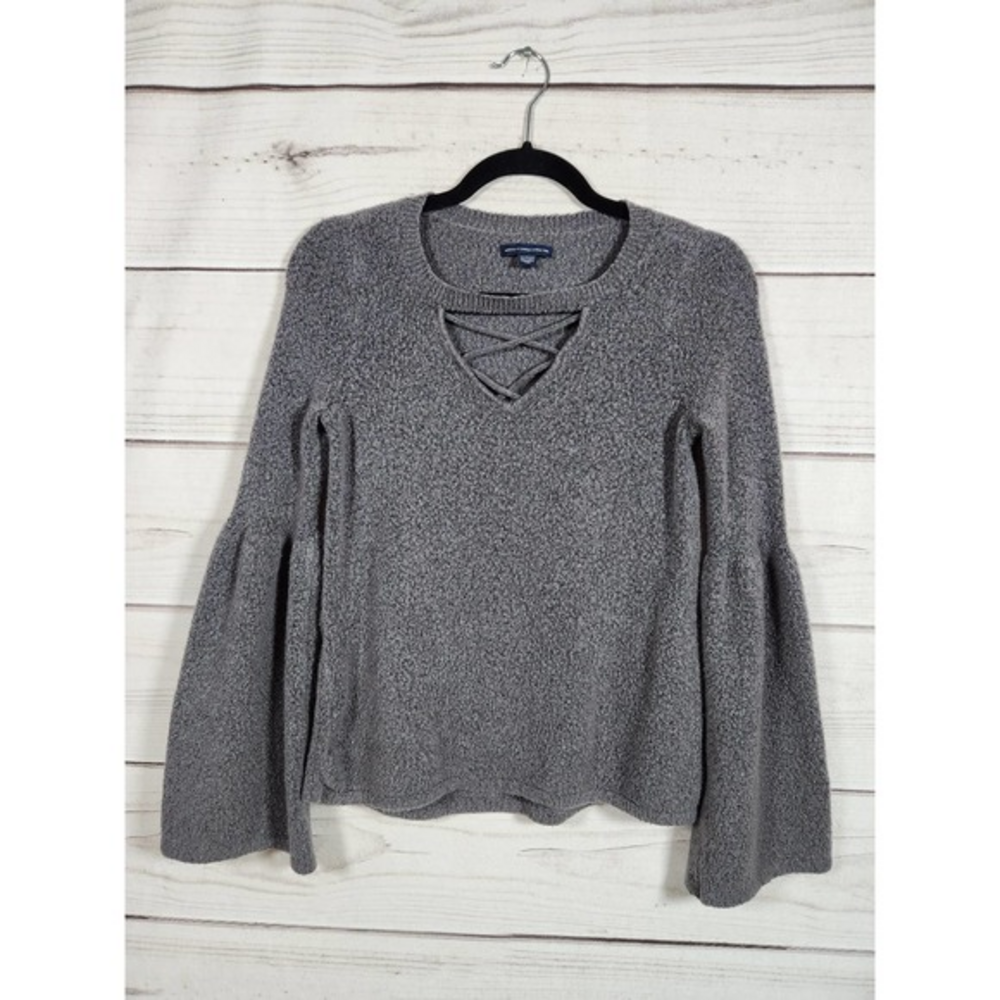 American Eagle Outfitters Womens Sweater Criss Cross Bell Sleeve Gray XS